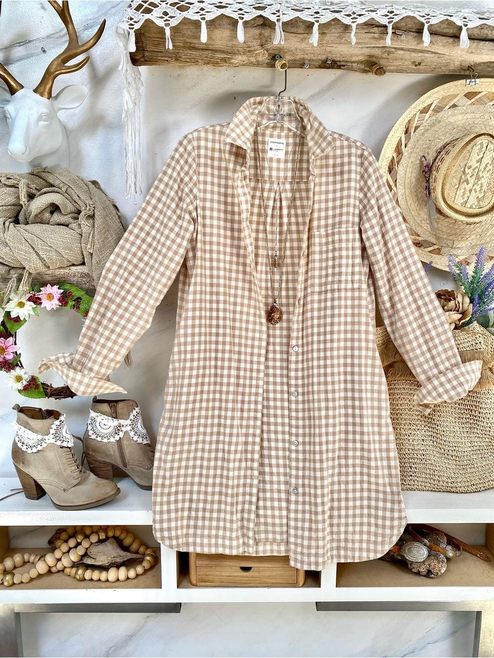 Cottagecore Simons gingham flannel Shirt Dress/long cover up w beach vacay vibe